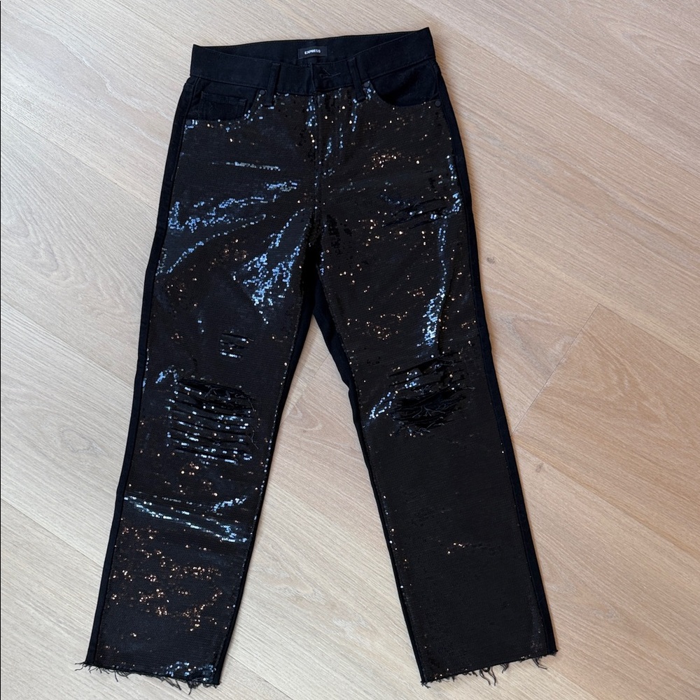 Express Black Sequin Distressed Straight-Leg Jeans